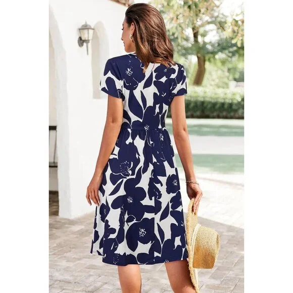 Women's Summer Short Sleeve V-Neck Floral Short Party Dress with Pockets - Picture 6 of 6